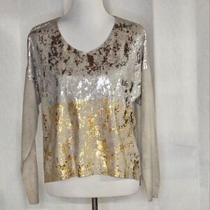Made in Italy Silver & Gold Foil Abstract Print V Neck Lightweight Knit Sweater